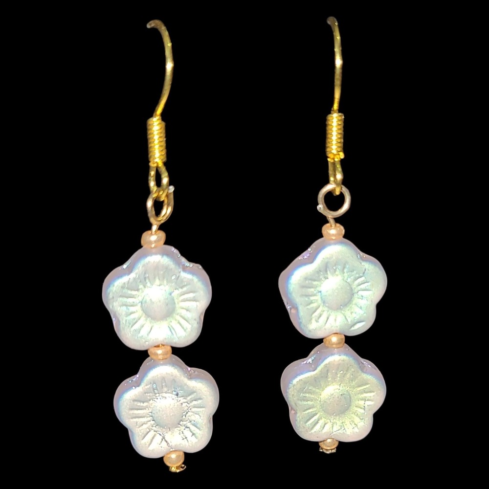 Pink Iridescent Glass Flower Dangle Earrings Gold Tone Floral Drop Handmade